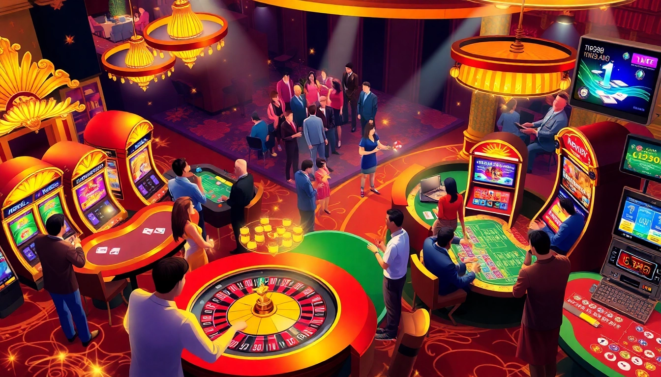 Gamblers enjoying an exciting game night at new88.com casino featuring roulette tables and vibrant slot machines.