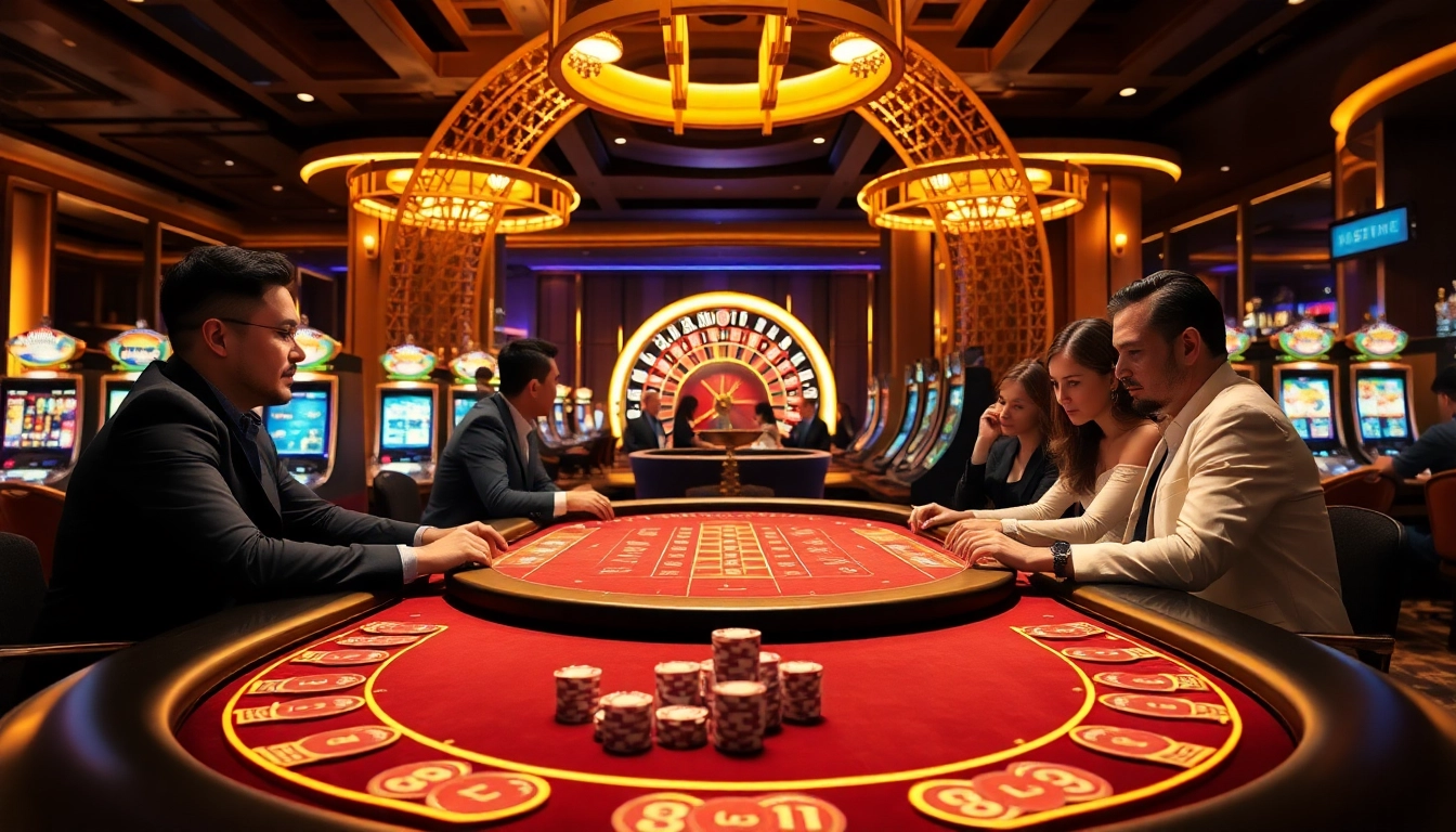 Experience the thrill of the LC88 poker table in a vibrant casino, surrounded by dazzling slot machines and eager players.
