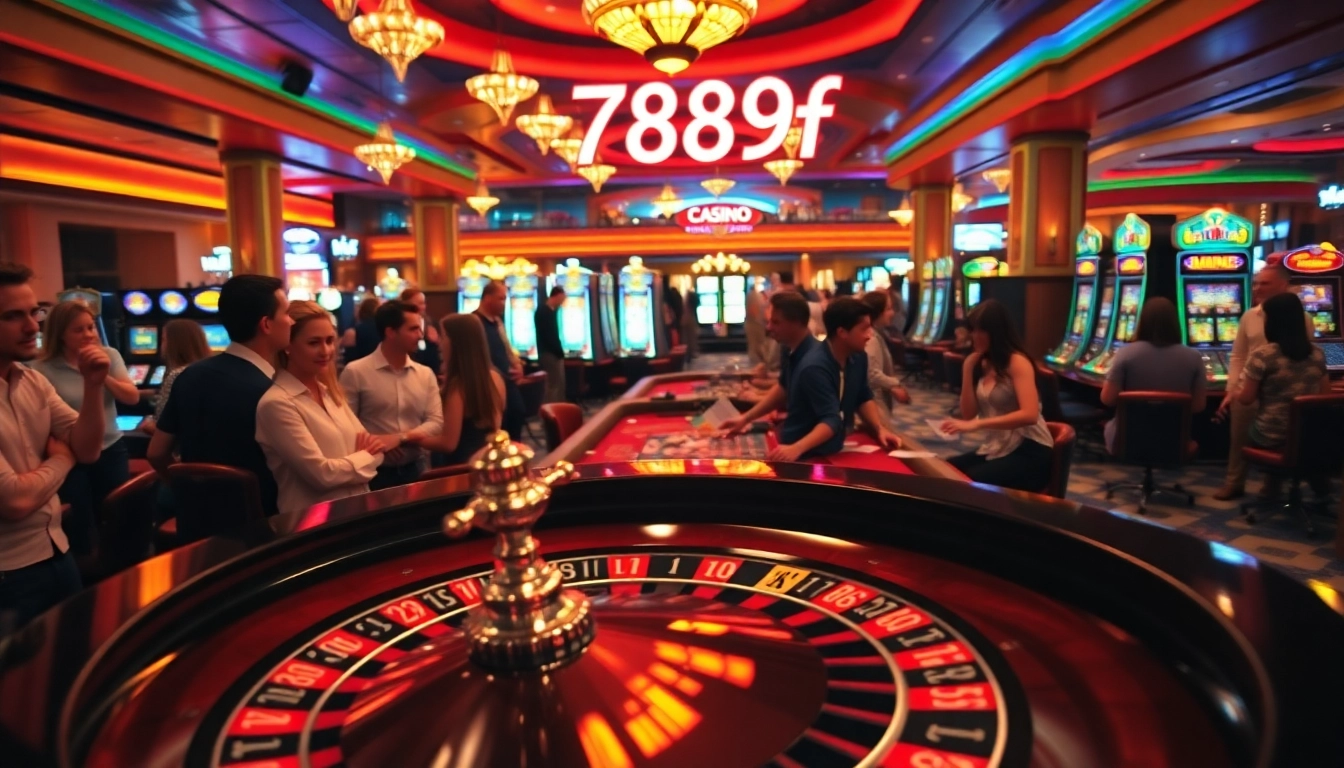 Players at a vibrant casino engage in thrilling games, with 789f prominently displayed on a neon sign, evoking excitement and anticipation.