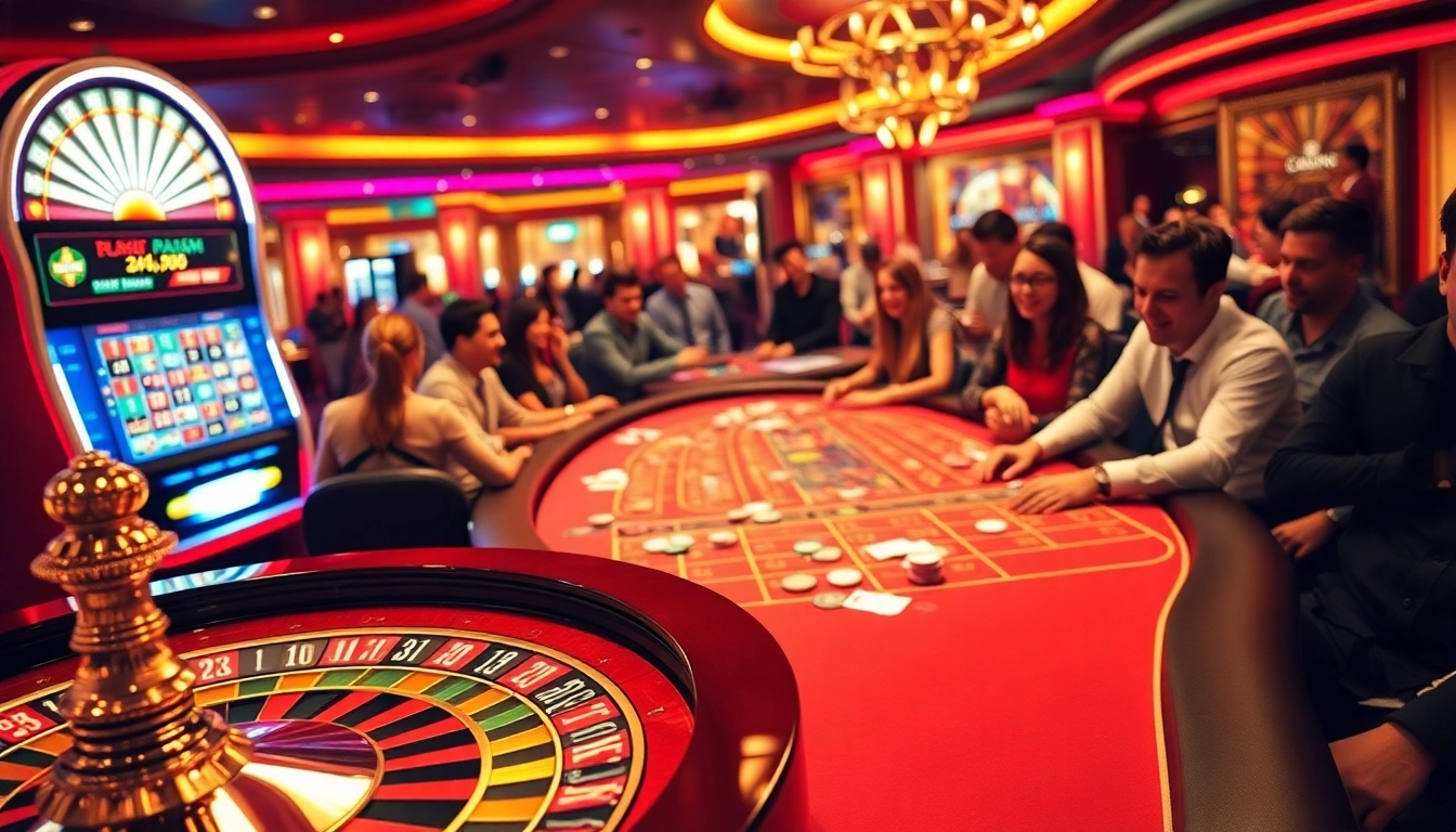 Players enjoying a thrilling game at new88bet's vibrant casino tables, filled with poker chips and cards.