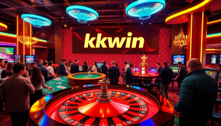 Experience Kkwin's exciting casino vibe with players at the roulette wheel amidst vibrant games.